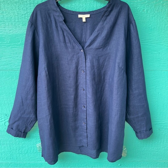 EILEEN FISHER LINEN ORGANIC MANDARIN COLLAR BUTTON DOWN SHIRT SIZE 1X NAVY BLUE